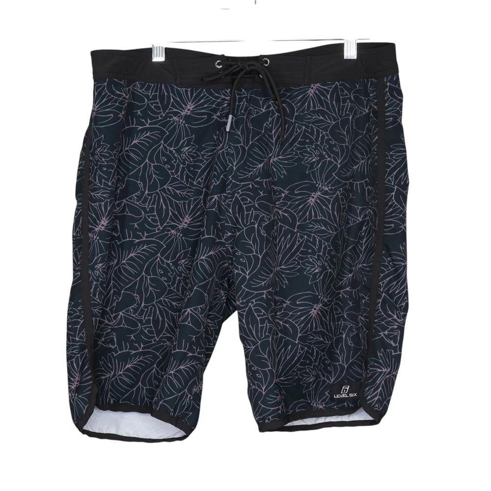 Level Six Mens Size 32 Black Board Shorts Swim Trunks Floral Print Unlined